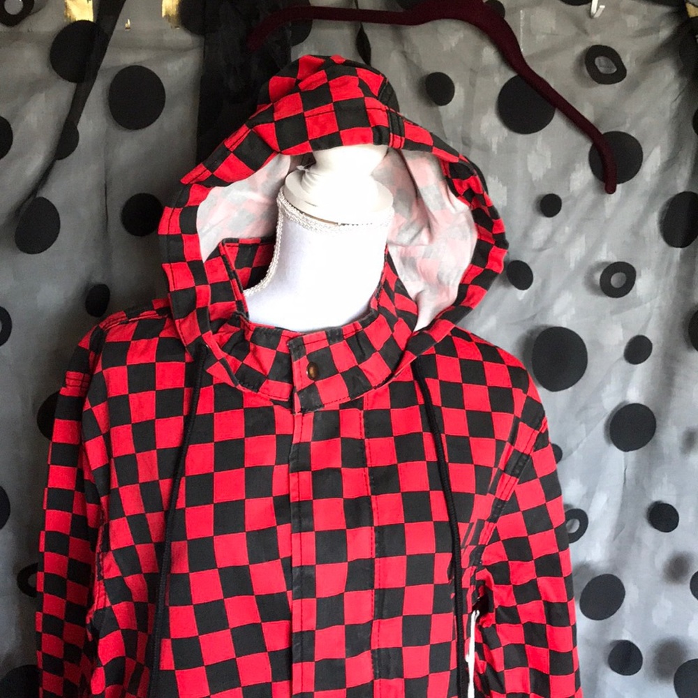 Checkered hooded zip/button drawstring jacket - Picture 4 of 6
